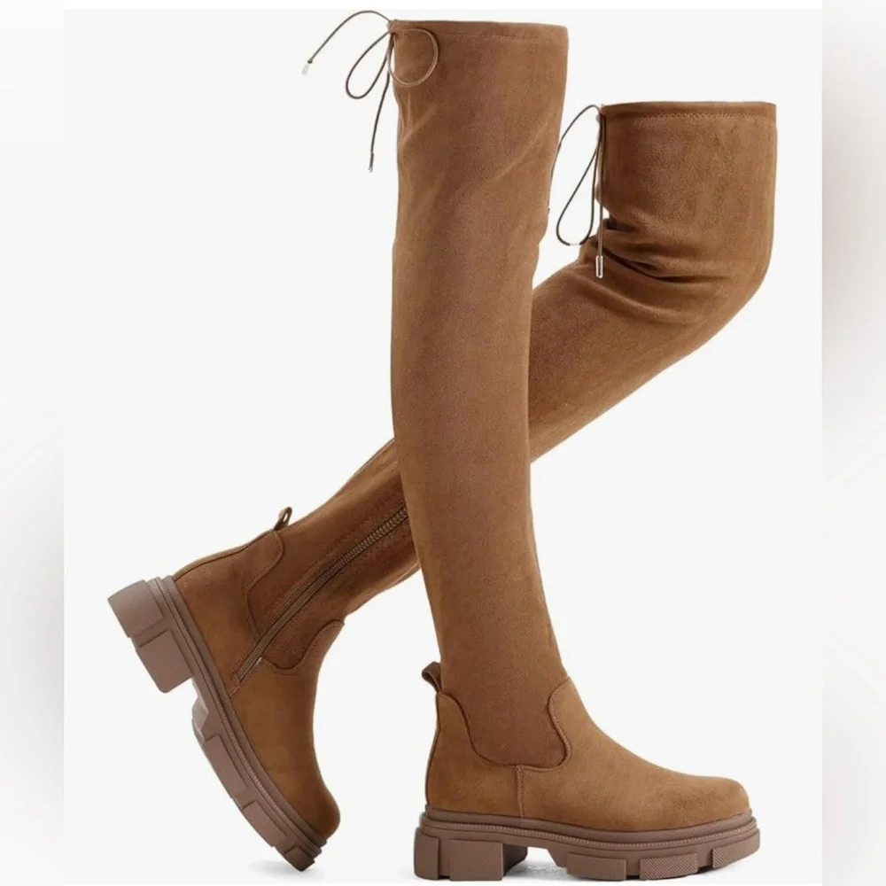 Shoe'N Tale Thigh High Round Toe Platform Heeled Stretch Knit Over the Knee Boot